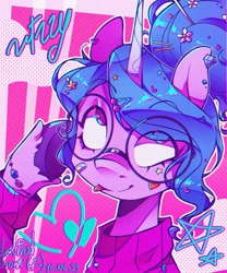 Size: 1708x2048 | Tagged: safe, artist:gardenfrou, izzy moonbow, pony, unicorn, g5, :p, abstract background, adjusting glasses, alternate hairstyle, bracelet, bust, clothes, colored hooves, female, friendship bracelet, glasses, hairclip, heart, jewelry, looking up, mare, name, no pupils, portrait, raised hoof, round glasses, screentone, smiling, solo, stars, sticker, sweater, three quarter view, tongue out, unshorn fetlocks