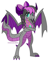 Size: 874x1100 | Tagged: safe, artist:jennieoo, oc, oc only, oc:krystal gem, dragon, bow, braid, dragoness, dragonified, eyeshadow, fangs, female, gem, hair bow, horns, jewelry, looking at you, makeup, necklace, show accurate, simple background, smiling, smiling at you, smirk, solo, species swap, spread wings, story, story included, transparent background, vector, wings