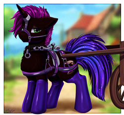 Size: 3418x3172 | Tagged: safe, artist:pridark, oc, oc only, oc:penalt, pony, unicorn, series:the bridled herd, bondage, bridle, cart, clothes, collar, harness, horn, horn ring, latex, latex socks, male, permanent, permanent bondage, pony pulls the wagon, ring, service, shiny, socks, solo, stallion, tack, thigh highs