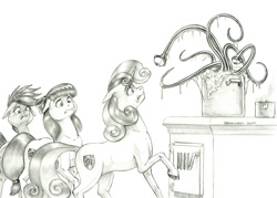 Size: 1500x1074 | Tagged: safe, artist:baron engel, apple bloom, scootaloo, sweetie belle, earth pony, pegasus, pony, unicorn, g4, concave belly, cooking, cutie mark crusaders, female, filly, fit, foal, food, monochrome, muscles, pencil drawing, slender, sweetie belle can't cook, sweetie fail, thin, traditional art