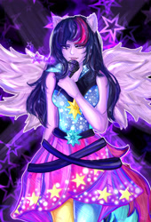 Size: 3750x5500 | Tagged: safe, artist:starcollex, twilight sparkle, equestria girls, g4, my little pony equestria girls: rainbow rocks, belt, clothes, dress, female, grin, lipstick, makeup, microphone, ponied up, smiling, solo, stockings, thigh highs