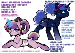 Size: 4093x2894 | Tagged: safe, artist:jellysketch, princess cadance, princess luna, alicorn, pony, g4, alternate universe, bandage, female, injured, looking at you, mare, mlp infection, scratches, simple background, white background