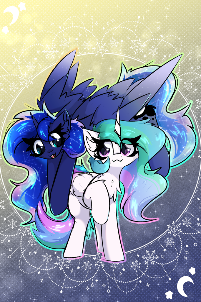 [:3,alicorn,chest fluff,cute,day,duo,fangs,female,fluffy,flying,g4,high res,mare,missing accessory,night,open mouth,pony,princess celestia,princess luna,raised hoof,safe,siblings,sisters,snow,snowflake,sparkles,stars,wings,looking at each other,cute little fangs,ear fluff,duo female,royal sisters,gradient background,gradient wings,abstract background,smiling,colored wings,spread wings,colored wingtips,wing fluff,leg fluff,artist:jubyskylines,looking at someone,constellation hair]