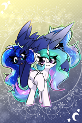 Size: 2000x3000 | Tagged: safe, artist:jubyskylines, princess celestia, princess luna, alicorn, pony, g4, :3, abstract background, chest fluff, colored wings, colored wingtips, constellation hair, cute, cute little fangs, day, duo, duo female, ear fluff, fangs, female, fluffy, flying, gradient background, gradient wings, high res, leg fluff, looking at each other, looking at someone, mare, missing accessory, night, open mouth, raised hoof, royal sisters, siblings, sisters, smiling, snow, snowflake, sparkles, spread wings, stars, wing fluff, wings