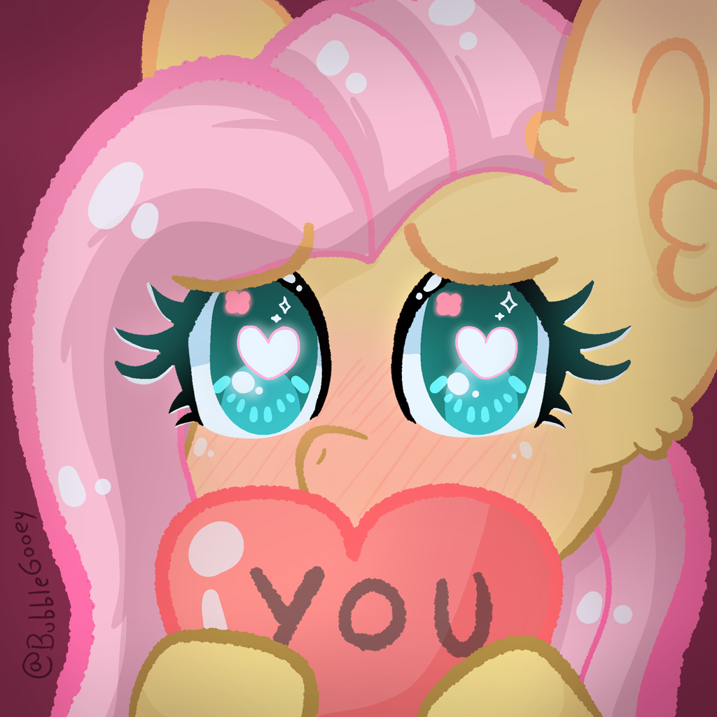 [adorable face,blushing,bust,cute,embarrassed,eyelashes,female,fluttershy,g4,glowing,glowing eyes,green eyes,heart,heart eyes,high res,holding,looking at you,mare,pegasus,pink mane,pony,portrait,safe,shy,signature,simple background,solo,text,wingding eyes,ear fluff,shyabetes,ear blush,red background,yellow coat,artist:bubblegooey]