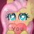 Size: 2000x2000 | Tagged: safe, artist:bubblegooey, fluttershy, pegasus, pony, g4, adorable face, blushing, bust, cute, ear blush, ear fluff, embarrassed, eyelashes, female, glowing, glowing eyes, green eyes, heart, heart eyes, high res, holding, looking at you, mare, pink mane, portrait, red background, shy, shyabetes, signature, simple background, solo, text, wingding eyes, yellow coat