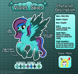 Size: 2524x2393 | Tagged: safe, artist:lovinglypromise, oc, oc only, oc:violet skies, pegasus, pony, color palette, colored wings, colored wingtips, ear fluff, flying, gradient hooves, gradient legs, gradient muzzle, green eyes, high res, lidded eyes, multicolored hair, multicolored mane, multicolored wings, open mouth, open smile, raised hoof, reference sheet, smiling, solo, spread wings, teal background, text, wings