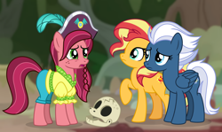Size: 9474x5664 | Tagged: safe, artist:emeraldblast63, artist:limedazzle, gloriosa daisy, night glider, sunset shimmer, earth pony, pegasus, pony, unicorn, comic:the tale of two sunsets, g4, absurd resolution, clothes, female, hat, mare, pirate hat, skull, story included, trio