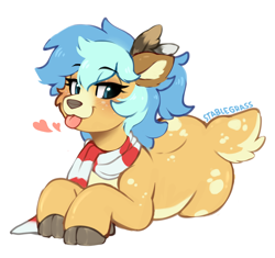Size: 1860x1746 | Tagged: safe, artist:stablegrass, oc, oc only, oc:chime maplewood, deer, :p, blushing, butt freckles, clothes, cloven hooves, deer oc, eyebrows, eyebrows visible through hair, feather, freckles, lying down, non-pony oc, ponytail, scarf, simple background, solo, spots, striped scarf, tongue out, white background