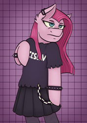 Size: 1689x2388 | Tagged: safe, artist:theedgyduck, pinkie pie, earth pony, pony, semi-anthro, g4, arm hooves, bipedal, clothes, ear piercing, female, mare, piercing, pinkamena diane pie, punk, punkamena, punkie pie, redraw, shirt, socks, solo, song reference, spiked wristband, standing up, t-shirt, wristband