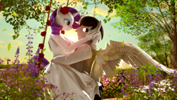 Size: 3840x2160 | Tagged: safe, artist:shadowuwu, rarity, oc, oc:sound shock, alien, alien pony, pegasus, unicorn, anthro, g4, 3d, 4k, afternoon, anthro oc, arm behind back, black sclera, branches, breasts, button-up shirt, canon x oc, clothes, cloud, dress, dress shirt, duo, female, flower, flower in hair, hand on cheek, high res, horn, leaves, looking at each other, looking at someone, male, married couple, nail polish, rarishock, rose, shirt, smiling, smiling at each other, source filmmaker, spread wings, straight, sun, swing, swing set, tree, unicorn horn, vest, wedding dress, wings