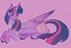 Size: 1743x1175 | Tagged: safe, artist:fealcity, twilight sparkle, alicorn, pony, g4, chest fluff, leg fluff, lying down, outline, purple background, simple background, smiling, solo, twilight sparkle (alicorn), unshorn fetlocks