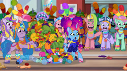 Size: 3072x1727 | Tagged: safe, screencap, dreamy (g5), galaxy star, grassy hills, izzy moonbow, minty skylark, misty brightdawn, strawberry blonde, strawberry supreme, sugarpuff lilac, earth pony, pegasus, pony, unicorn, g5, heavy is the mane that wears the fruit crown, my little pony: tell your tale, spoiler:g5, spoiler:my little pony: tell your tale, spoiler:tyts02e02, :o, female, frown, male, mare, open mouth, open smile, rebirth misty, smiling, stallion, straw cup (g5), unnamed character