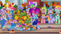 Size: 3072x1727 | Tagged: safe, screencap, dreamy (g5), fantastic shimmer, galaxy star, grassy hills, izzy moonbow, minty skylark, misty brightdawn, strawberry blonde, sugarpuff lilac, earth pony, pegasus, pony, unicorn, g5, heavy is the mane that wears the fruit crown, my little pony: tell your tale, spoiler:g5, spoiler:my little pony: tell your tale, spoiler:tyts02e02, :o, female, frown, male, mare, open mouth, open smile, rebirth misty, smiling, stallion, straw cup (g5), unnamed character