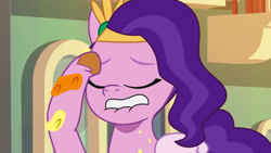 Size: 3072x1727 | Tagged: safe, screencap, pipp petals, pegasus, pony, g5, heavy is the mane that wears the fruit crown, my little pony: tell your tale, spoiler:g5, spoiler:my little pony: tell your tale, spoiler:tyts02e02, eyes closed, female, lip bite, mare, solo