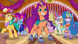 Size: 3072x1727 | Tagged: safe, screencap, hitch trailblazer, izzy moonbow, misty brightdawn, pipp petals, sparky sparkeroni, sunny starscout, zipp storm, dragon, earth pony, pegasus, pony, unicorn, g5, heavy is the mane that wears the fruit crown, my little pony: tell your tale, spoiler:g5, spoiler:my little pony: tell your tale, spoiler:tyts02e02, adorapipp, adorazipp, baby, baby dragon, cowboy hat, cute, father and child, father and son, female, goggles, grin, hat, hitchbetes, izzybetes, male, mane five, mane six (g5), mane stripe sunny, mare, mistybetes, open mouth, open smile, papa hitch, rebirth misty, roller skates, royal sisters (g5), siblings, sisters, skates, smiling, sparkybetes, stallion, stetson, sunnybetes