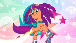 Size: 3072x1727 | Tagged: safe, screencap, sunny starscout, earth pony, pony, g5, heavy is the mane that wears the fruit crown, my little pony: tell your tale, spoiler:g5, spoiler:my little pony: tell your tale, spoiler:tyts02e02, abstract background, cute, female, looking at you, mane stripe sunny, mare, roller skates, rollerblades, skates, slender, smiling, smiling at you, solo, sunny starscout's cutie mark, sunny's bag, sunnybetes, thin
