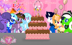 Size: 2342x1479 | Tagged: safe, artist:muhammad yunus, artist:raqueldamaris2000, artist:teahie821, oc, oc:annisa trihapsari, oc:cool breeze, oc:jemimasparkle, oc:light starole, oc:little bee, oc:princess kincade, oc:teahie, oc:violetta cuddles belle, alicorn, earth pony, pony, unicorn, series:the galaxy crystal gems squad, series:the guardian of leadership, g4, clothes, eyepatch, female, grin, gritted teeth, group, looking at you, magic, male, mare, open mouth, open smile, smiling, smiling at you, socks, spread wings, stallion, striped socks, teeth, watermark, wings