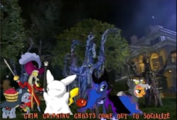 Size: 640x435 | Tagged: safe, babs seed, discord, olden pony, princess luna, draconequus, pikachu, pony, g4, animal costume, anime, clothes, costume, crossover, disney sing along songs, disneyland, disneyland fun, ghost costume, grim grinning ghosts, halloween, halloween costume, irl, photo, pokémon, ponies in real life, scary tree, the haunted mansion, tree, wolf costume