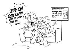 Size: 1098x753 | Tagged: safe, artist:kyssimmee, pinkie pie, twilight sparkle, earth pony, pony, unicorn, g4, black and white, computer, controller, dexterous hooves, duo, female, grayscale, hoof hold, laptop computer, mare, monochrome, open mouth, simple background, tongue out, unicorn twilight, white background
