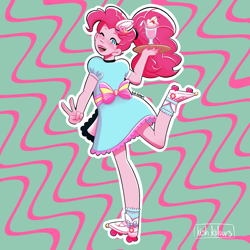 Size: 1773x1773 | Tagged: safe, artist:keshkolours, pinkie pie, human, coinky-dink world, equestria girls, g4, my little pony equestria girls: summertime shorts, abstract background, apron, clothes, drink, female, milkshake, roller skates, server pinkie pie, skates, solo, waitress