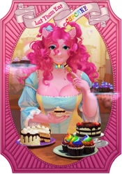 Size: 1181x1688 | Tagged: safe, artist:mifionn, pinkie pie, earth pony, anthro, g4, breasts, busty pinkie pie, cake, choker, chokerpie, cleavage, clothes, cupcake, dress, female, food, fork, looking at you, mare, solo