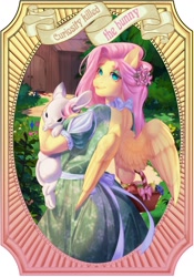 Size: 1181x1688 | Tagged: safe, artist:mifionn, fluttershy, pegasus, rabbit, anthro, g4, animal, ass, backless, basket, butt, choker, chokershy, clothes, dress, eyeshadow, female, flutterbutt, fruit, lidded eyes, looking at you, looking back, looking back at you, makeup, mare, smiling, smiling at you, solo