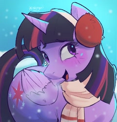 Size: 1314x1366 | Tagged: safe, artist:kimiyoyuu, twilight sparkle, alicorn, pony, g4, backwards cutie mark, clothes, cute, earmuffs, gradient background, open mouth, open smile, scarf, smiling, snow, snowfall, solo, turned head, twiabetes, twilight sparkle (alicorn), winter outfit
