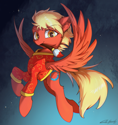 Size: 1925x2048 | Tagged: safe, artist:gale spark, oc, oc only, oc:红海, pegasus, pony, mouth hold, paintbrush, solo, spread wings, wings