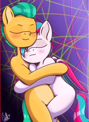 Size: 1500x2045 | Tagged: safe, artist:orange becrux, hitch trailblazer, zipp storm, earth pony, pegasus, semi-anthro, g5, abstract background, blushing, duo, eyes closed, fanfic art, female, gradient background, hug, human shoulders, love, male, male and female, mare, missing cutie mark, ship:stormblazer, shipping, sleeping, stallion, straight