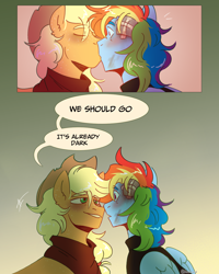 Size: 1200x1500 | Tagged: safe, artist:paula-li, applejack, rainbow dash, earth pony, pegasus, g4, 2 panel comic, alternate universe, applejack's hat, bandage, clothes, colored, comic, cowboy hat, dialogue, eyes closed, eyes open, female, gradient background, hat, injured, kiss on the lips, kissing, lesbian, lidded eyes, post-apocalyptic, scarf, ship:appledash, shipping, speech bubble, surprised, wide eyes