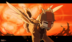 Size: 2000x1161 | Tagged: safe, artist:crashbrush, oc, oc only, oc:arsu, pegasus, pony, fallout equestria, beard, clothes, explosion, facial hair, fallout equestria oc, feathered wings, helmet, horned helmet, male, mask, solo, spread wings, stallion, wings