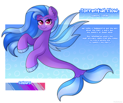 Size: 3700x3100 | Tagged: safe, artist:madelinne, oc, oc only, oc:torrential flow, seapony (g4), blue hair, digital art, dorsal fin, fin, fin wings, fins, fish tail, flowing mane, flowing tail, happy, long hair, looking at you, ocean, reference sheet, smiling, smiling at you, solo, swimming, tail, underwater, water, wings