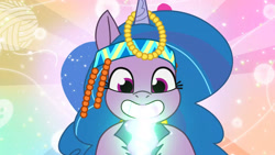 Size: 3072x1727 | Tagged: safe, screencap, izzy moonbow, pony, unicorn, g5, heavy is the mane that wears the fruit crown, my little pony: tell your tale, spoiler:g5, spoiler:my little pony: tell your tale, spoiler:tyts02e02, cute, female, grin, izzybetes, mare, smiling, solo