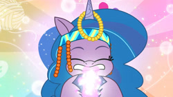 Size: 3072x1727 | Tagged: safe, screencap, izzy moonbow, pony, unicorn, g5, heavy is the mane that wears the fruit crown, my little pony: tell your tale, spoiler:g5, spoiler:my little pony: tell your tale, spoiler:tyts02e02, eyes closed, female, lip bite, mare, solo