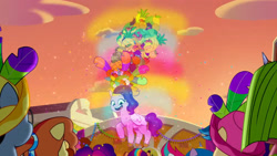 Size: 3072x1727 | Tagged: safe, screencap, autumn skies, izzy moonbow, misty brightdawn, ollie north, paisley bluebell, pipp petals, sunny starscout, zipp storm, earth pony, pegasus, pony, unicorn, g5, heavy is the mane that wears the fruit crown, my little pony: tell your tale, spoiler:g5, spoiler:my little pony: tell your tale, spoiler:tyts02e02, female, male, mane stripe sunny, mare, offscreen character, open mouth, open smile, rebirth misty, royal sisters (g5), siblings, sisters, smiling, solo focus, stallion