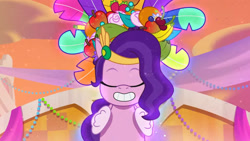 Size: 3072x1727 | Tagged: safe, screencap, pipp petals, pegasus, pony, g5, heavy is the mane that wears the fruit crown, my little pony: tell your tale, spoiler:g5, spoiler:my little pony: tell your tale, spoiler:tyts02e02, eyes closed, female, grin, mare, smiling, solo