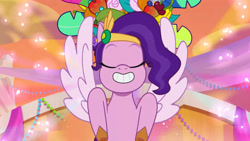 Size: 3072x1727 | Tagged: safe, screencap, pipp petals, pegasus, pony, g5, heavy is the mane that wears the fruit crown, my little pony: tell your tale, spoiler:g5, spoiler:my little pony: tell your tale, spoiler:tyts02e02, eyes closed, female, grin, mare, smiling, solo, spread wings, wings