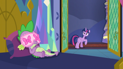 Size: 1920x1080 | Tagged: safe, screencap, fluttershy, spike, twilight sparkle, alicorn, dragon, pegasus, a health of information, g4, bed, bedroom, implied fluttershy, offscreen character, pillow, sleep mask, twilight sparkle (alicorn), twilight's bedroom, twilight's castle