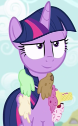 Size: 392x629 | Tagged: safe, edit, edited screencap, editor:twilyisbestpone, screencap, twilight sparkle, alicorn, pony, fame and misfortune, g4, season 7, amused, cropped, female, food, ice cream, inverted mouth, mare, smiling, solo, twilight is amused, twilight sparkle (alicorn)