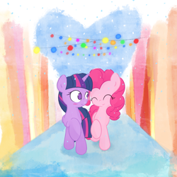 Size: 3000x3000 | Tagged: safe, artist:widelake, pinkie pie, twilight sparkle, alicorn, earth pony, g4, blushing, duo, duo female, female, heart, ornament, snow, snowfall, street, twilight sparkle (alicorn)