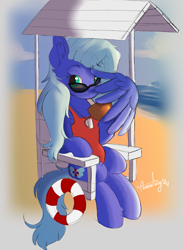Size: 753x1024 | Tagged: safe, artist:aurorafang, oc, oc only, oc:water wings, pegasus, pony, lifeguard, lifeguard chair, lifeguard outfit, looking at you, pegasus oc, solo, sunglasses, whistle, whistle necklace