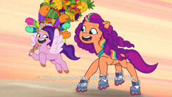 Size: 3072x1727 | Tagged: safe, screencap, pipp petals, sunny starscout, earth pony, pegasus, pony, g5, heavy is the mane that wears the fruit crown, my little pony: tell your tale, spoiler:g5, spoiler:my little pony: tell your tale, spoiler:tyts02e02, duo, duo female, female, flying, indonesian, mane stripe sunny, mare, open mouth, open smile, roller skates, skates, smiling, spread wings, subtitles, wings