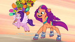 Size: 3072x1727 | Tagged: safe, screencap, pipp petals, sunny starscout, earth pony, pegasus, pony, g5, heavy is the mane that wears the fruit crown, my little pony: tell your tale, spoiler:g5, spoiler:my little pony: tell your tale, spoiler:tyts02e02, duo, duo female, female, flying, grin, indonesian, mane stripe sunny, mare, open mouth, open smile, roller skates, skates, smiling, spread wings, subtitles, wings