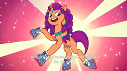 Size: 3072x1727 | Tagged: safe, screencap, sunny starscout, earth pony, pony, g5, heavy is the mane that wears the fruit crown, my little pony: tell your tale, spoiler:g5, spoiler:my little pony: tell your tale, spoiler:tyts02e02, female, indonesian, mane stripe sunny, mare, open mouth, open smile, roller skates, skates, smiling, solo, subtitles