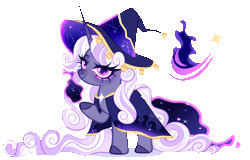 Size: 3357x2153 | Tagged: safe, artist:gihhbloonde, oc, oc only, unnamed oc, pony, unicorn, animated, cape, clothes, colored hooves, ethereal tail, eyeshadow, female, gif, gradient horn, hat, horn, interspecies offspring, lidded eyes, long hair, long horn, long mane, long tail, looking at you, makeup, mare, offspring, parent:star swirl the bearded, parent:tantabus, parents:tantaswirl, pink eyes, raised hoof, simple background, smiling, smiling at you, solo, standing, starry eyes, tail, transparent background, unicorn oc, wingding eyes, wizard hat