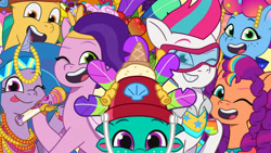 Size: 3072x1727 | Tagged: safe, screencap, hitch trailblazer, izzy moonbow, misty brightdawn, pipp petals, sparky sparkeroni, sunny starscout, zipp storm, dragon, earth pony, pegasus, pony, unicorn, g5, heavy is the mane that wears the fruit crown, my little pony: tell your tale, spoiler:g5, spoiler:my little pony: tell your tale, spoiler:tyts02e02, :p, adorapipp, adorazipp, baby, baby dragon, cute, female, goggles, grin, heartwarming, hitchbetes, izzybetes, male, mane five, mane six (g5), mane stripe sunny, mare, microphone, mistybetes, one eye closed, open mouth, open smile, papa hitch, rebirth misty, royal sisters (g5), siblings, sisters, smiling, sparkybetes, stallion, sunnybetes, tongue out, wink