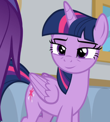 Size: 764x842 | Tagged: safe, edit, edited screencap, editor:twilyisbestpone, screencap, twilight sparkle, alicorn, pony, friendship university, g4, season 8, cropped, female, inverted mouth, lidded eyes, mare, smiling, solo focus, twilight sparkle (alicorn)