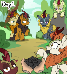 Size: 2071x2291 | Tagged: safe, artist:icey, part of a set, autumn afternoon, autumn blaze, cinder glow, pumpkin smoke, spring glow, summer flare, winter flame, human, kirin, g4, awwtumn blaze, charcoal, cloven hooves, cute, disembodied hand, drool, eating, female, floating heart, hand, heart, male, mare, part of a series, stallion, treats, varying degrees of want