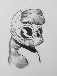 Size: 2224x2965 | Tagged: safe, anonymous artist, apple bloom, earth pony, pony, g4, bust, female, filly, foal, gas mask, grayscale, mask, monochrome, portrait, solo, traditional art